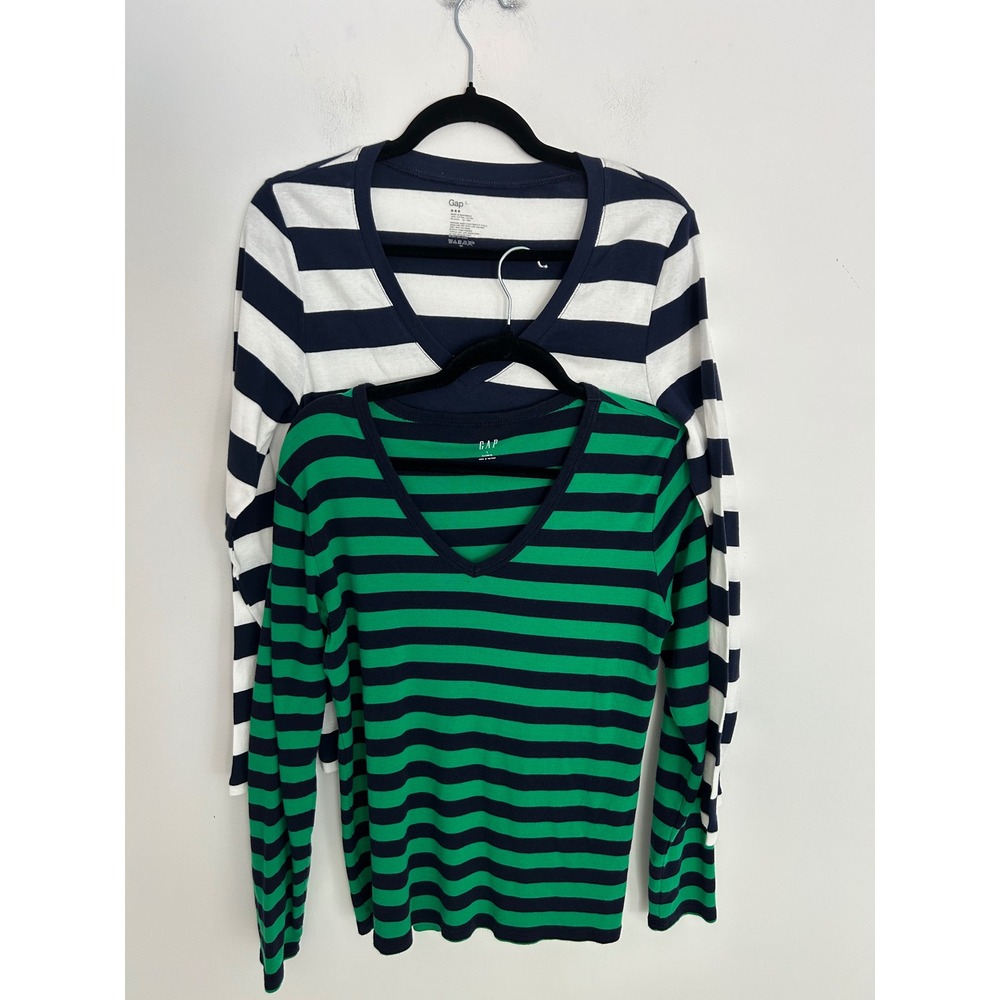 Lot of 2 Gap Womens‎ Long Sleeve V-Neck Striped T-Shirt & Navy Green White Large